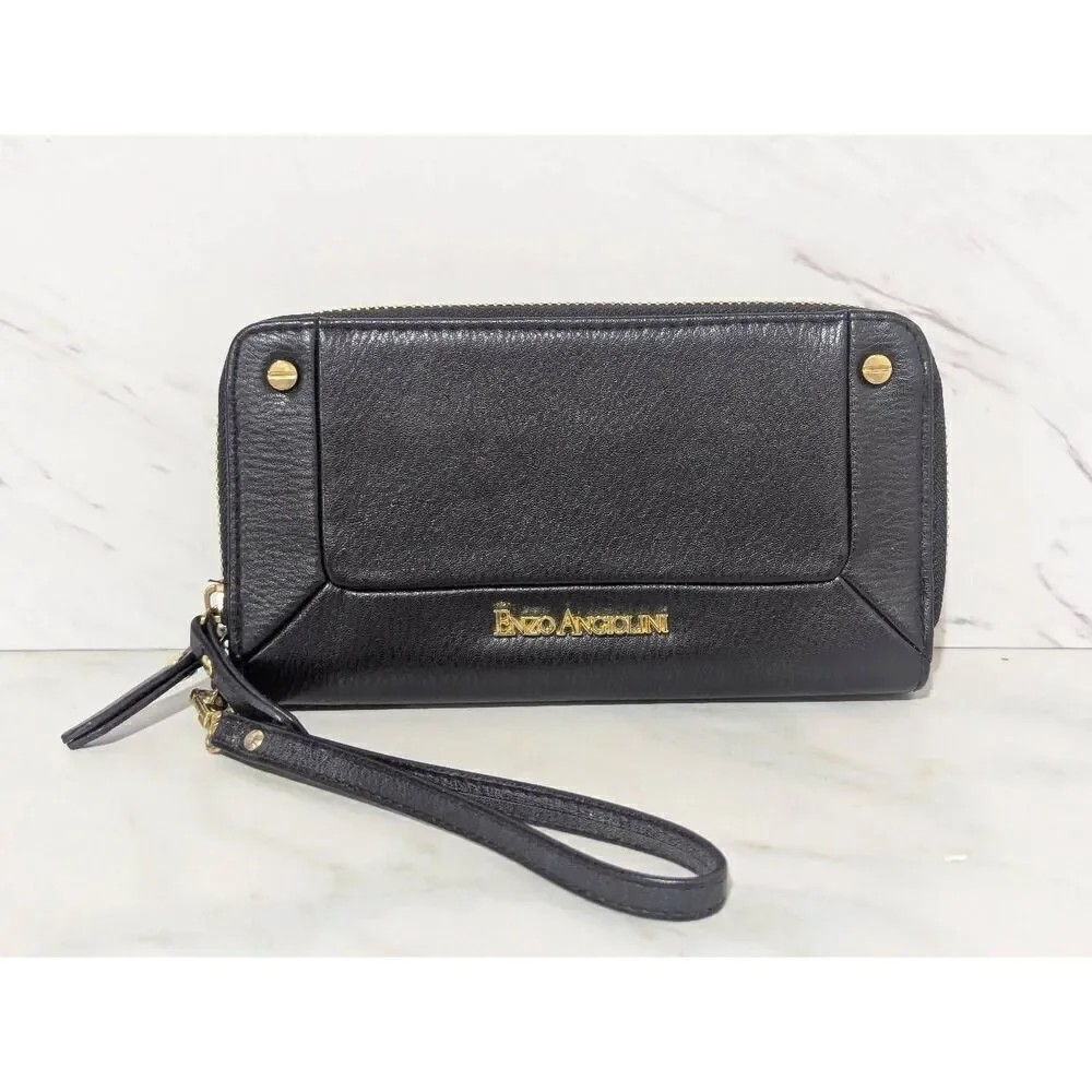 Enzo Angiolini Women's Black Leather Two Compartment Zip Close Wristlet Wallet